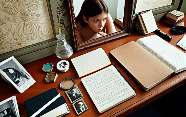 **"A person looking in a mirror, reflecting on their past experiences, surrounded by old notebooks and mementos, representing self-reflection and discovering inner values."** (This visualizes the autoanalysis and reflection aspect, key to discovering one's true self.)